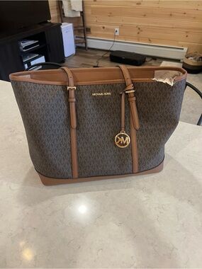 Michael Kors Brown MK Logo Tote with Gold Charm